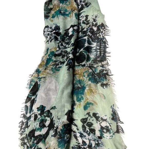 Skull and Bones Scarf Lightweight with Frayed Edges Black Gold, Green - Picture 2 of 4